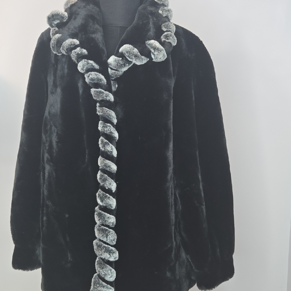 Elegant Black Faux Fur Coat with Silver Trim